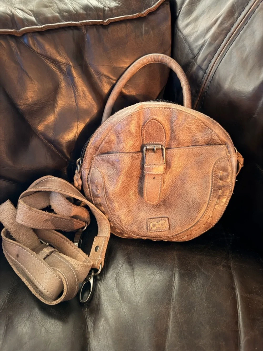 Bed Stu Round Leather Crossbody in Distressed Brown - Picture 1 of 3